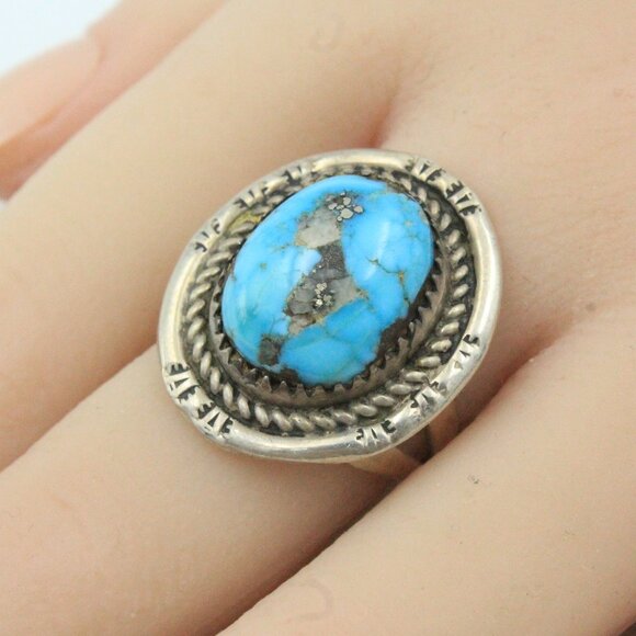 D WHITEGOAT MORENCI PYRITE TURQUOISE STERLING RING SZ 7 - Picture 1 of 10